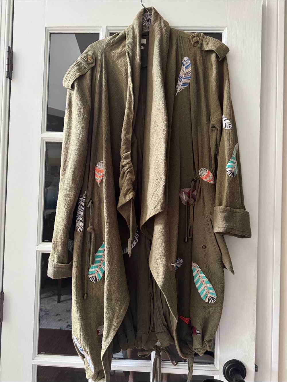 Olive Green Embroidered Feather Drape Trench Coat Sundance